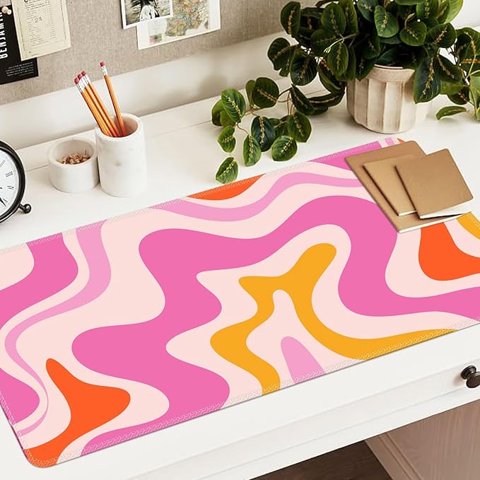 iCasso Large Mouse Pad (35.4x15.7 in), Desk Mat Gaming Mousepad with Stitched Edges, Keyboard Mouse Mat Desk Pad for Work, Game, Office, Home-Pink Topographic