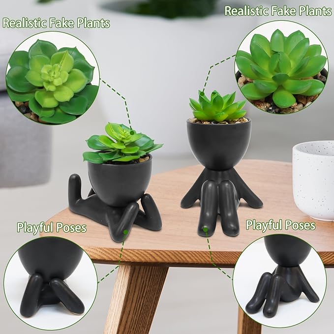 Zerzsy 2PCS Cute Artificial Succulent Plants with Creative Human Shaped Pots, Desk Decoration Mini Potted Planter Succulent Decor for Desktop Office Bedroom Table Decor (Matte Black)