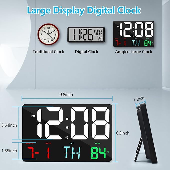 Amgico Digital Alarm Clock with Snooze, Temperature, Auto Dimming, 11.5" Large Display Calendar, Desk/Wall Clock for Bedroom, Living Room, Office, Home, Classroom, Kids, Elderly - Colorful