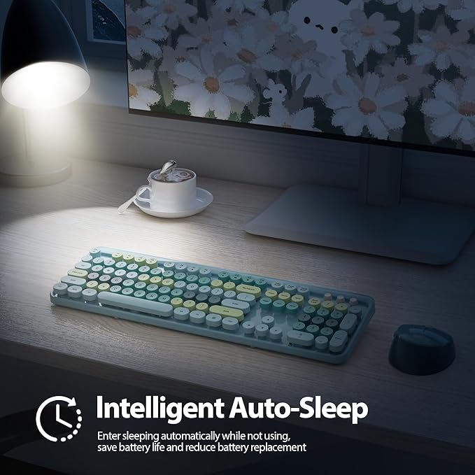 Fogruaden Blue Keyboard and Mouse Wireless, Retro Typewriter Keyboard, 2.4GHz 104 Keys Full Size Cute Keyboard with Number Pad, Blue Colorful Keyboard with Retro Round Keycaps for Windows PC Laptop