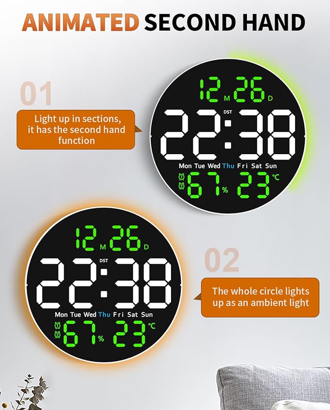10 Inch Large Digital Wall Clock with 9 Color Changing Remote Control, Date Week Temperature, Auto Brightness Dimmer Big Clock with Night Lights,Green