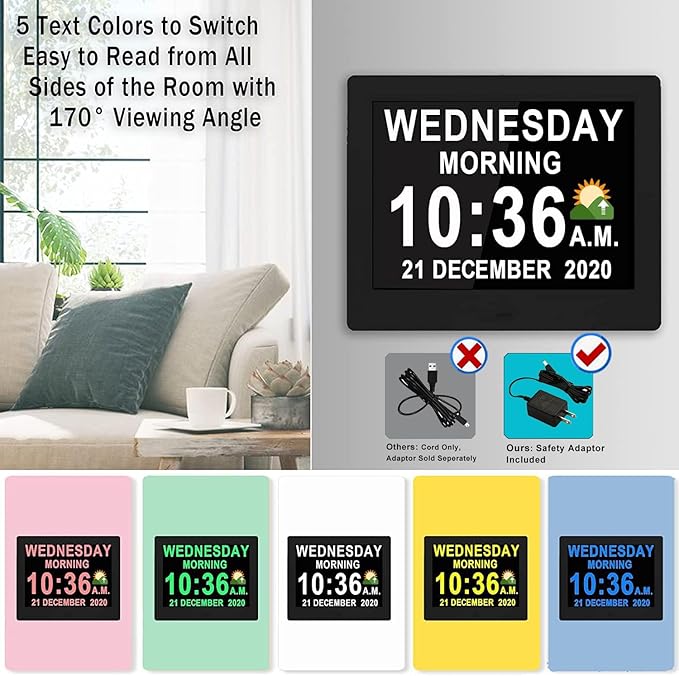 Véfaîî 19 Alarms Dementia Clock 8 Inch Large Display, Auto DST, 10 Levels Auto Dimmable, Non-Abbreviated Date and Day Calendar Clock for Seniors, with Power Adaptor, Picture Frame Feature