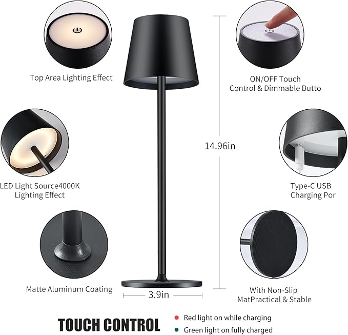 BGFHome Cordless Table Lamp LED Desk Lamp,5000mAh Rechargeable Touch Night Light Lamp,Wireless Minimalist Design for Restaurant/Bedroom/Bars/Outdoor Party/Camping/Coffee Shop(Black)