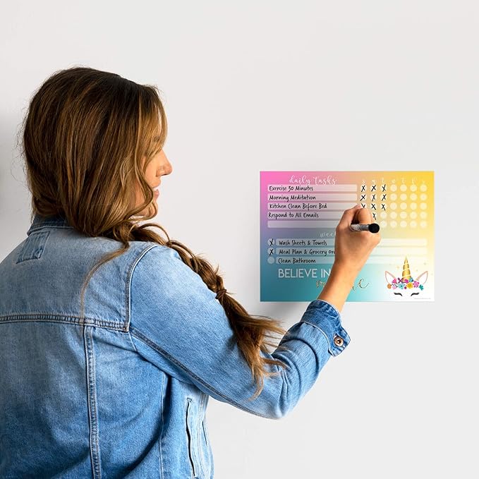 Dry Erase Whiteboard Task Planner | Removable and Restickable Adhesive Decal | Fine-Tip Magnetic Marker Included (9 x 12 inches, Unicorn Magic)