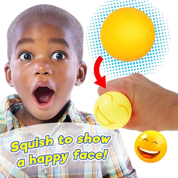 JA-RU Squish Attack Ball (4 Units Assorted) Squooshy Sphere with 6 Different Smiley Faces. Fidget Squishy Toy for Kids, Teen, & Adult. Soft Stress Therapy, Squish and Stretch Party Favor. 5606-4