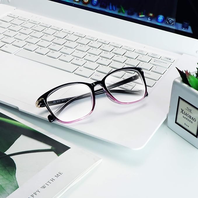 VisionGlobal Blue Light Blocking Glasses for Women/Men, Anti Eyestrain, Computer Reading, TV Glasses, Stylish Square Frame, Anti Glare(Black Purple,+5.75 Magnification)