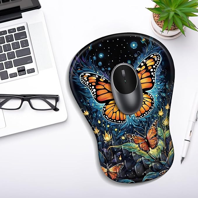 Ergonomic Mouse Pad with Wrist Rest Support, Mousepad with Comfortable Memory Foam Wrist Rest and Non-Slip PU Base for Pain Relief, Computer, Laptop, Office, Home (Butterfly)