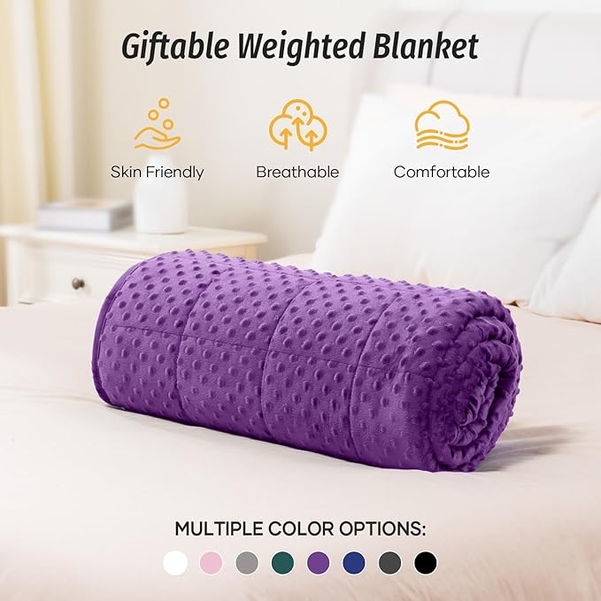 Wemore Minky Dot Weighted Blanket for Adults Queen Size 15 lbs, Soft Heavy Blanket for Stress Relief and Sleep Promotion, Breathable Blanket for All-Season with Glass Beads, Purple 60 x 80 inches