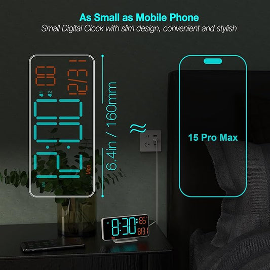 KOSUMOSU Desk Clock, 6.7in Small Digital Clock for Bedroom, Auto Dimming, Room Temperature, Day of The Week, Seconds, Date, LED Clocks for Living Room, Alarm Clocks for Bedrooms