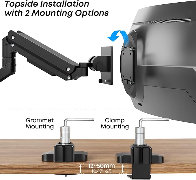 Premium Heavy Duty Monitor Arm for 17 to 49 inch Screens up to 44lbs, Fully Adjustable Ultrawide Single Clamp-on Desk Mount Stand, VESA 75x75/100x100mm (Black)