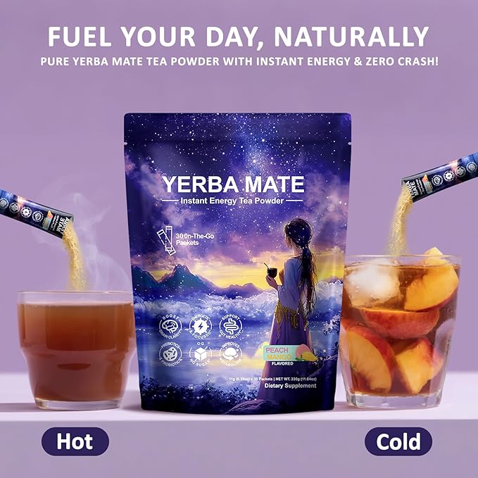 Yerba Mate Peach Mango Drink Mix - Instant Tea Powder with Natural Caffeine & Probiotics for Gut Health, Focus, Cortisol Levels, Immunity, 30 Servings Clean Energy Drink Powdered, No Crash, Sugar-Free