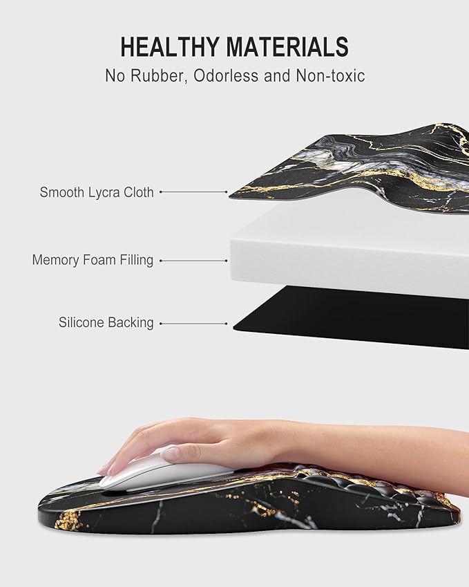 Auhoahsil Ergonomic Mouse Pad with Wrist Rest, Comfortable Slope Computer Mouse Mat with Wrist Support, Memory Foam Filling, Non-Slip Silicone Base, Pain Relief for Gaming Work, 8" x 12", Black Marble