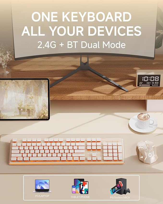 EWEADN V3 Wireless Keyboard and Mouse with Single Backlit, Metal Panel, Bluetooth/2.4G Rechargeable Computer Keyboard and Mouse Combo Silent Lighted Full Size Cute Keyboards-Rose Pink