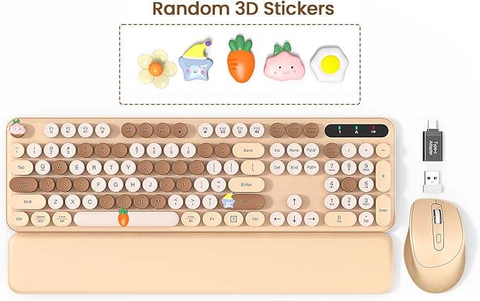 Wireless Keyboard and Mouse Combo - Cute Typewriter Keyboard with Detachable Wrist Rest, Retro Round Keycaps, Foldable Legs, 2.4GHz Full-Size Keyboard for PC, Laptop, Mac, Windows - Trueque (Latte)