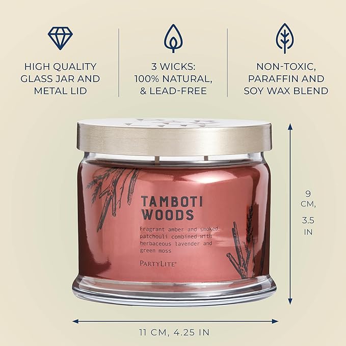 PartyLite Tamboti Woods Scented, Notes of Exotic Amber, Patchouli, Lavender & Green Moss, 13.2oz 3-Wick Jar Candle, 45 Hour Burn Time, Luxurious Fragrance, Perfect for Gifting