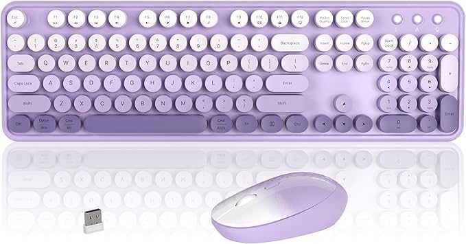 Colorful Wireless Keyboard and Mouse Combo, COVEVA 2.4GHz Wireless Retro Cute Round Keycaps Keyboard, 104 Keys Full-Sized Keyboard Mouse Set with Switch Button for PC Laptop Desktop (Purple Gradient)