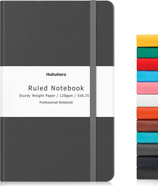 Huhuhero Notebook Journal, Lined Ruled Journal, Hardcover 120Gsm Premium Thick Paper with Faux Leather Notebook for Journaling Writing Note Taking Office School Supplies 5"×8.25" (1,Dark Gray)