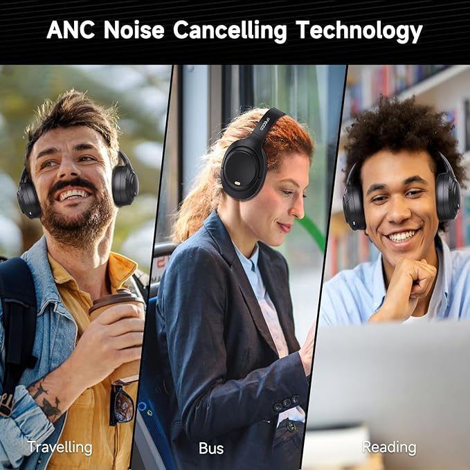 IFECCO Active Noise Cancelling Headphones Bluetooth 5.4 - Wireless ANC Headphones Over Ear with Microphone,100H Play Time,HiFi Stereo Bluetooth Headset with Cushioned Pads for Travel,Home,Office