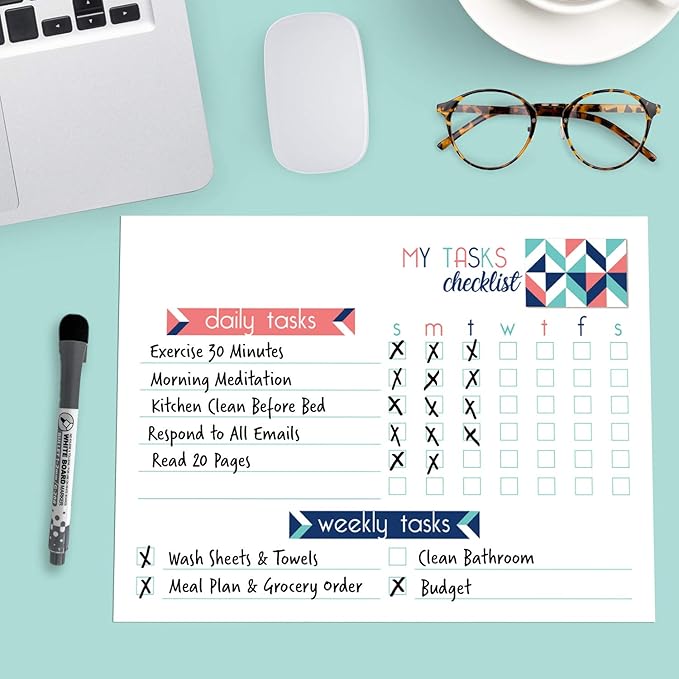 Dry Erase Whiteboard Task Planner | Removable and Restickable Adhesive Decal | Fine-Tip Magnetic Marker Included (9 x 12 inches, Geometric)