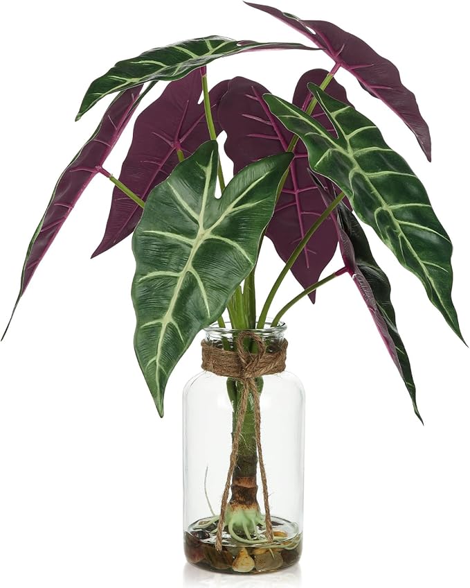 Briful 15'' Tall Fake Plants Alocasia Polly Faux Plant Indoor in Glass Vase with Stone and Faux Water, Realistic Artificial Root Propagation Plants for Home Farmhouse Table Bathroom Desk Decor
