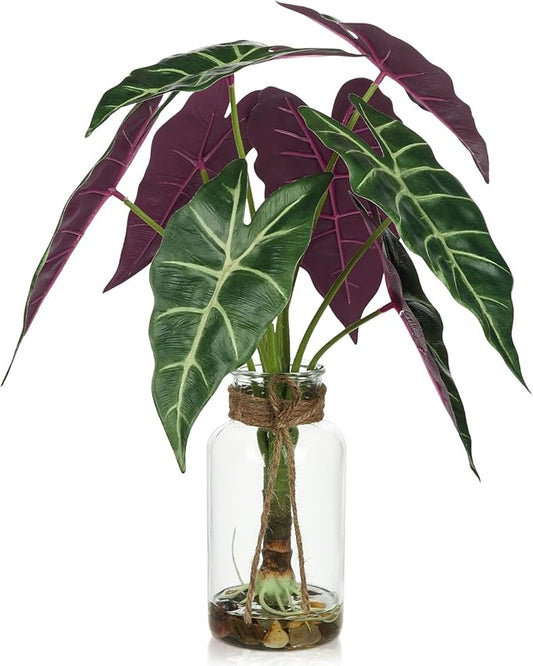 Briful 15'' Tall Fake Plants Alocasia Polly Faux Plant Indoor in Glass Vase with Stone and Faux Water, Realistic Artificial Root Propagation Plants for Home Farmhouse Table Bathroom Desk Decor