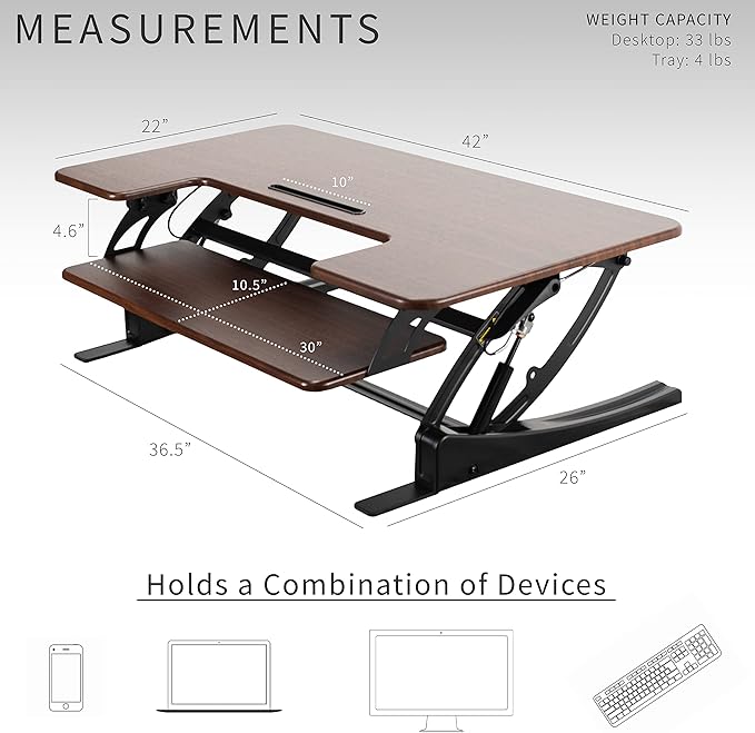 VIVO 42 inch Height Adjustable Stand Up Desk Converter, V Series, Quick Sit to Stand Tabletop Dual Monitor Riser Workstation, Dark Walnut Top, Black Frame, DESK-V000VLD