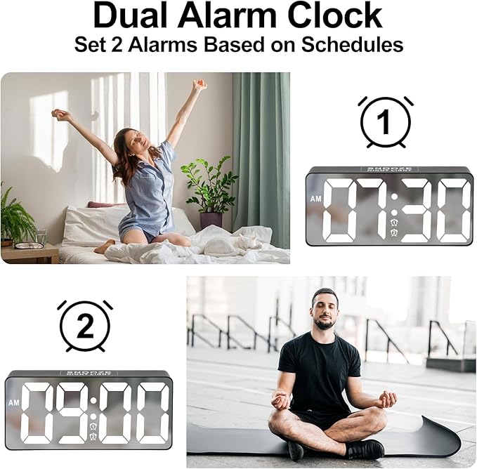Digital Alarm Clock, Big Number LED Mirror Clock with Type C & USB Charging Port, 2 Alarms,Night Light,Dimmer,Snooze,Battery Backup,12/24H, Bedside Digital Clock for Bedroom Home Office Decor Kid Teen