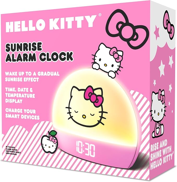 Hello Kitty Sunrise Alarm Clock - Multicolor Lights, USB Charging, LED Display, and Snooze Function