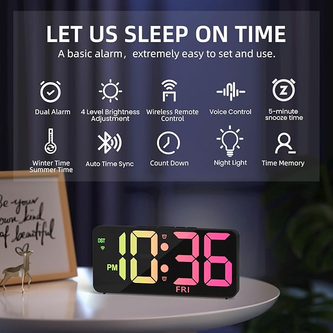 9" Digital Wall Clock with Night Light, Digital Clock with 8 RGB Colors, Dual Alarm, Snooze, Dimmer, Auto DST, Voice Control, Auto Time Sync, Clocks for Living Room, Bedroom, Perfect for Gift