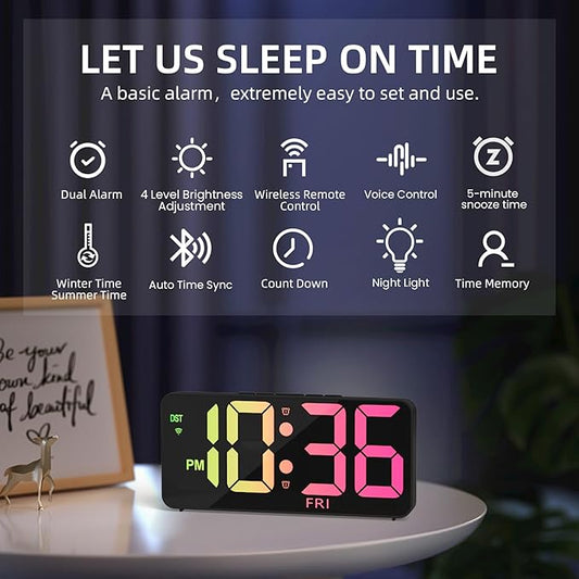 9" Digital Wall Clock with Night Light, Digital Clock with 8 RGB Colors, Dual Alarm, Snooze, Dimmer, Auto DST, Voice Control, Auto Time Sync, Clocks for Living Room, Bedroom, Perfect for Gift