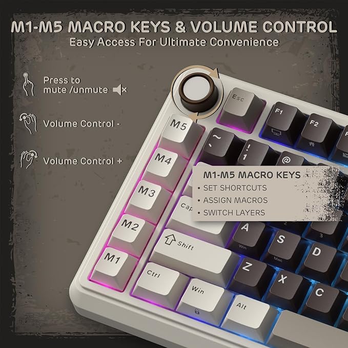 RK ROYAL KLUDGE L75 Gasket Mount Mechanical Keyboard w/Knob/Macro Keys & Touchable Nameplate, Tri-Mode 75% TKL Wireless Keyboard BT/2.4G/USB-C, Hot Swappable, Pro Software, Massive 8000mAh Battery