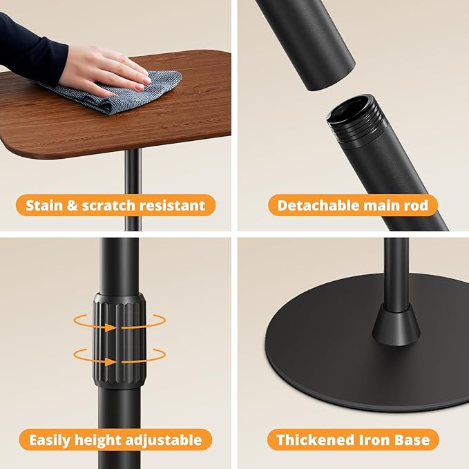 Adjustable Floor Laptop Stand, Height Adjustable Laptop Desk up to 37.8", Multifunctional Side Table for Sofa, Bedside, and Office with Sturdy Metal Base & Wooden Top