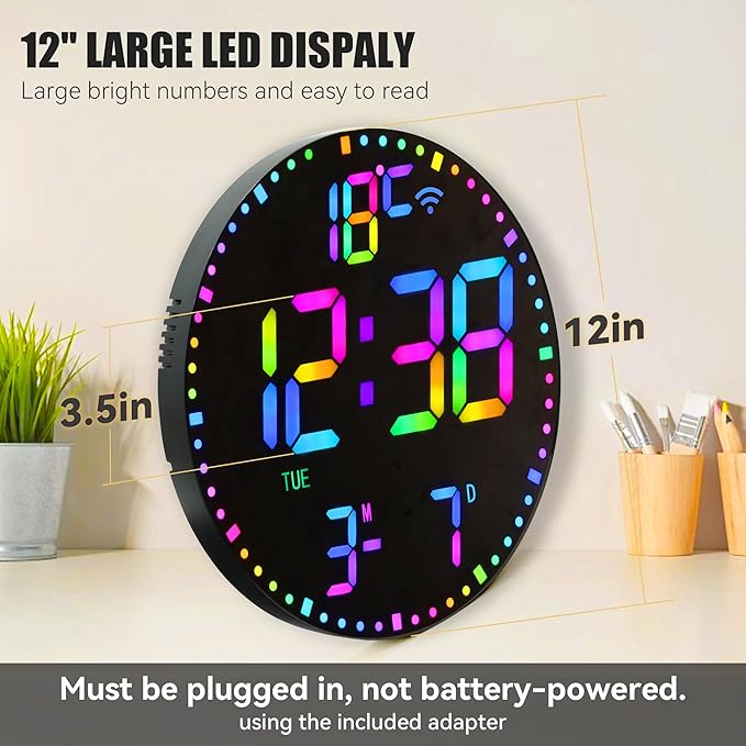 Kasbin 12” Digital Wall Clock with App Control, Large LED, WiFi Sync, Date Temperature, Auto Brightness, Seconds Display, Dual Alarm, 12 RGB Colors for Living Room, Office, Bedroom, Gift for Elderly