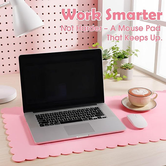 Large Felt Desk Mat with Scalloped Edges for Keyboard and Mouse 35 x 16.5 Inch Non Slip Scalloped Computer Desk Pad(Pink)