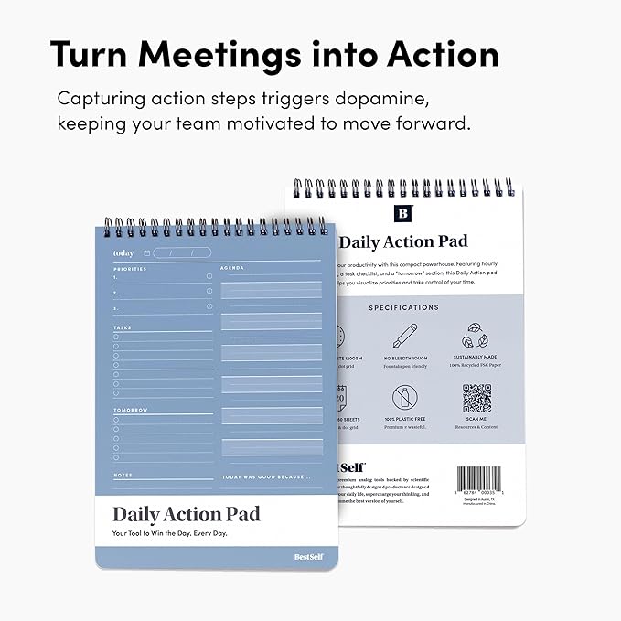 BestSelf Co. Daily Action Pad 60 Sheets – 120 GSM Paper, Ring-Bound Work Planner & To-Do List Notepad | Daily Planner for Productivity | Hourly Schedule, Task Checklist & Tomorrow’s Plan
