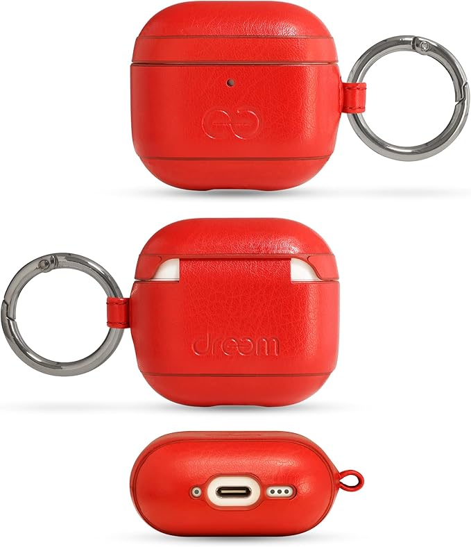 Dreem Om Case Cover with Keychain Clip Compatible with AirPods 4 for Apple AirPods 4th Generation, Vegan Leather AirPod Case for Men & Women, Luxury Earbuds Accessory for iPhone - Red