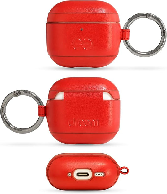 Dreem Om Case Cover with Keychain Clip Compatible with AirPods 4 for Apple AirPods 4th Generation, Vegan Leather AirPod Case for Men & Women, Luxury Earbuds Accessory for iPhone - Red