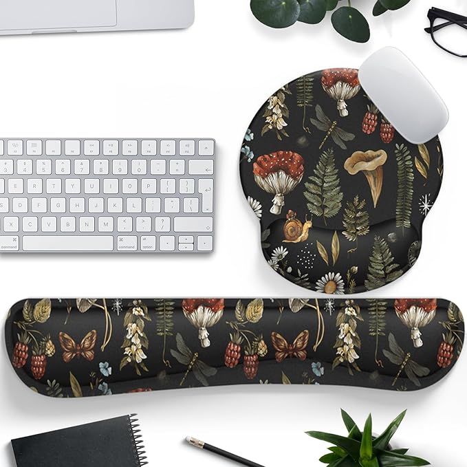 Plant Mushroom Mouse Pad Black Aesthetic Ergonomic Desk Pad Wrist Support Keyboard Wrist Rest Set, Mouse Pad with Non-Slip Pu for Office Comfortable Mouse Wrist Rest for Easy Typing & Pain Relief.