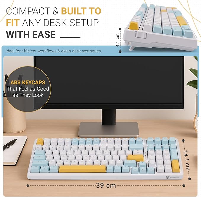 Qisan Wireless/Wired Mechanical Keyboard, Triple Mode 2.4G/USB-C/BT Wireless Gaming Keyboard, 100 Keys (98%) US Layout Brown Switch Rechargeable Ice Blue Backlit Keyboards | Blue & Yellow & White