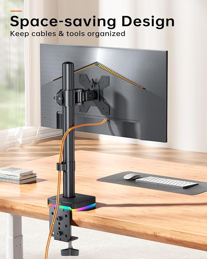 RGB Single Monitor Stand, Monitor Desk Mount Arm up to 17.6lbs Desk Mount with RGB Light Adjustable Heights Angles Arm with RGB USB & USB-C High Speed Data Transfer C-Clamp 75x75/100x100 VESA