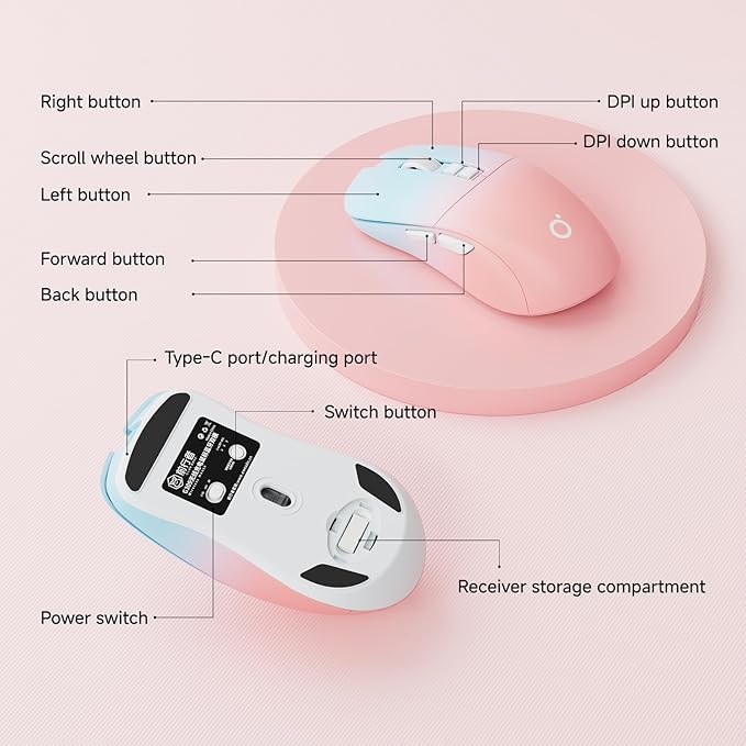 EWEADN G309 Wireless Computer Mouse,2.4G&Bluetooth Ergonomic Cordless Mice with 4000 DPI,5 Adjustment Levels,Cute and Portable Mouse for Laptops, PC and More,7 Buttons Office USB Mice-Blue&Pink