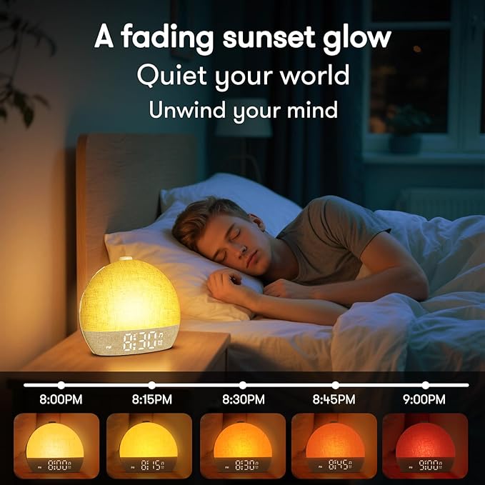 Wake Up Light Sunrise Alarm Clock, White Noise Sound Machine with 30 Soothing Sounds, Dimmable Night Lights, Sleep Aid, Snooze, Timer, Loud Alarm Clock for Heavy Sleepers Adults Kids, Ideal for Gift