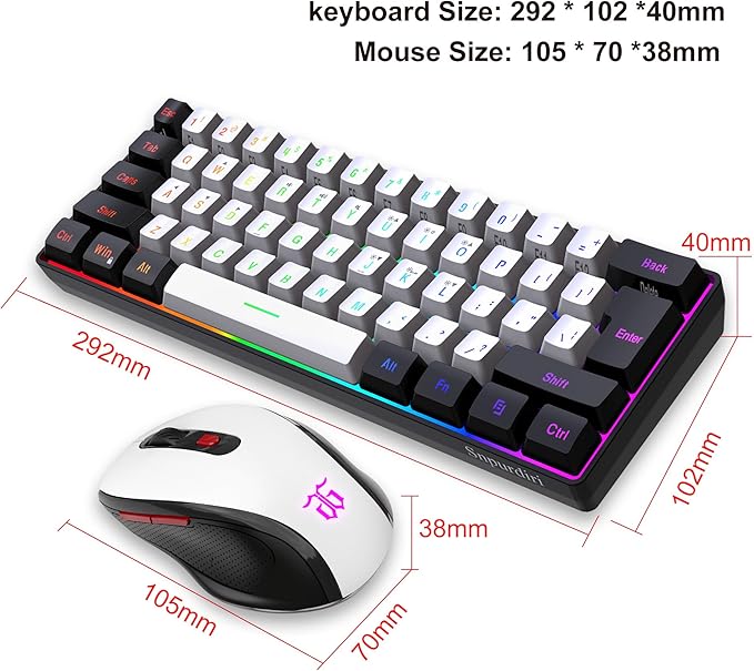 Snpurdiri 2.4G Wireless Gaming Keyboard and Mouse Combo, Include Mini 60% Merchanical Feel RGB Backlit Keyboard, Ergonomic Vertical Feel Small Wireless Mouse(Black and White)
