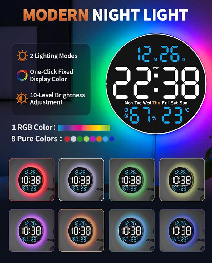 10 Inch Large Digital Wall Clock with 9 Color Changing Remote Control, Date Week Temperature, Auto Brightness Dimmer Big Clock with Night Lights,Blue