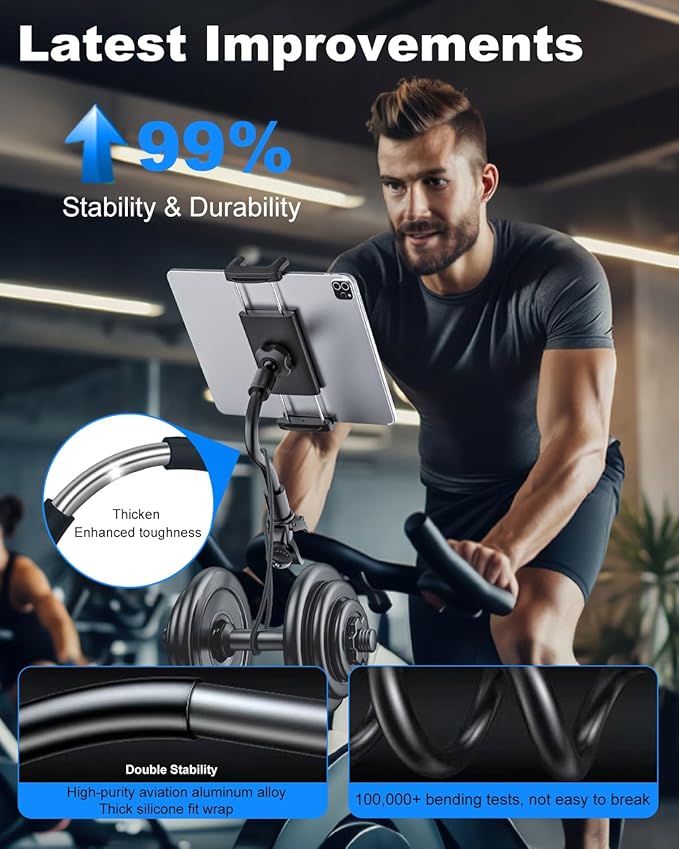 Spin Bike Tablet iPad Holder - Long Arm Gooseneck Tablet Mount Clamp for Indoor Bike Peloton, Treadmill, Wheelchair, Stroller, Exercise Bicycle Clamp for iPad Pro/Air/Mini, 4-13" Tablet Phone