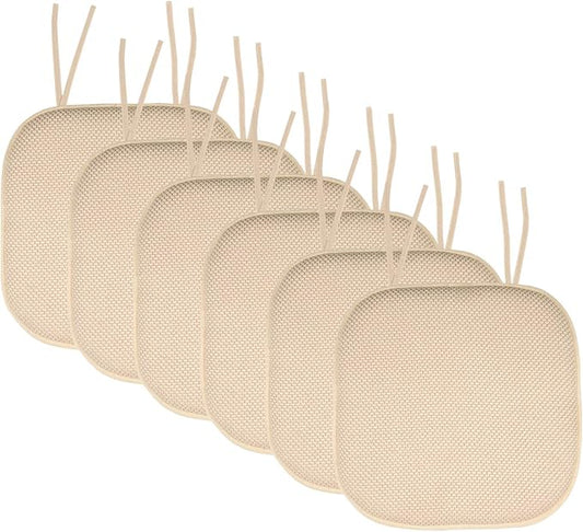 Sweet Home Collection Chair Cushion Memory Foam Pads with Ties Honeycomb Pattern Slip Non Skid Rubber Back Rounded Square 16" x 16" Seat Cover, 6 Pack, Linen 6 Pack