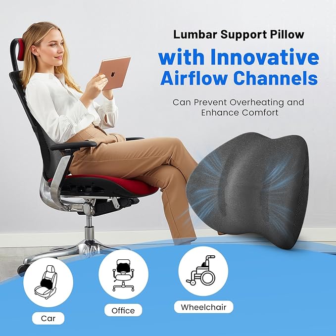 Lumbar Support Pillow for Office Chair and Car Seat - Supportive Memory Foam Cushion for Lower Back Pain Relief and Posture Correction, with Breathable Airflow Channels