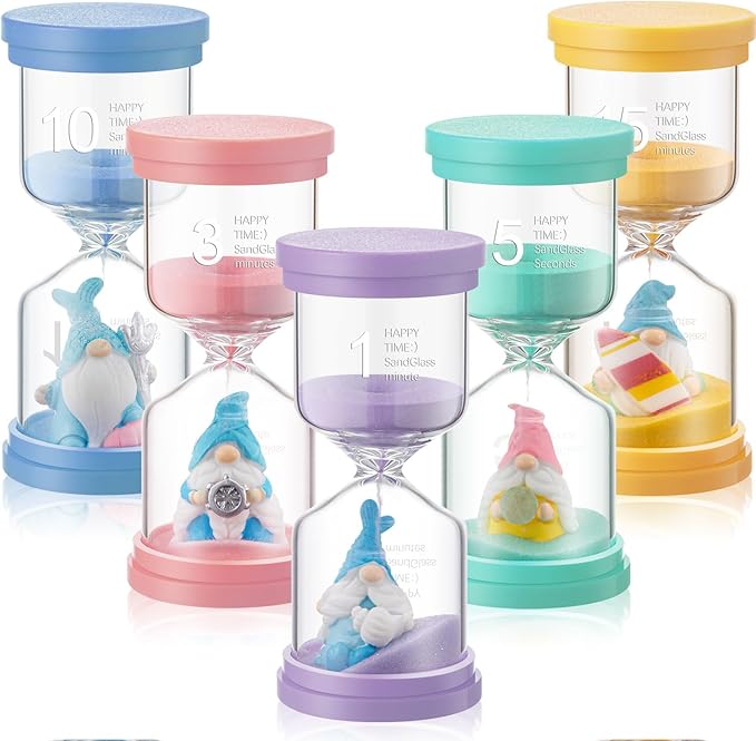 5 Pack Ocean Gnome Sand Timer for Kids Novelty Classroom Hourglass 1/3/5/10/15 Minutes Hour Glass with Sand Summer Clock Timer for Games Home Room Nursery Office Kitchen Desk