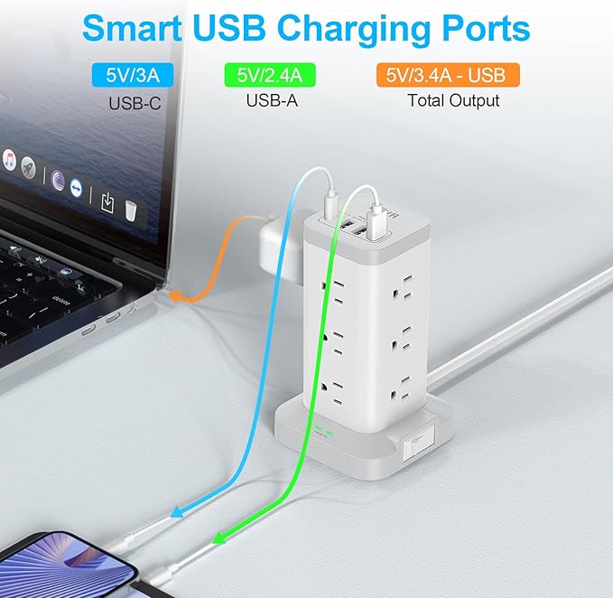 BEVA Power Strip Tower with USB Ports, 6.5 FT Surge Protector Power Tower, 12 AC and 4 USB Ports, 6.5 FT Extension Cord with Multiple Outlets, Office Supplies Office Organization