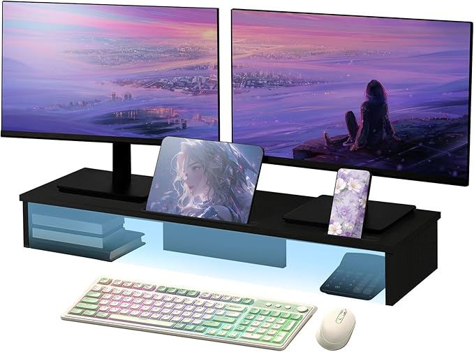 Dual Monitor Stand Riser with LED Lights and Phone Tablet Holder, 35.8in Large Monitor Stand for Desk, Computer Monitor Stand for 2 Monitors, Desktop Shelf Organizer for Laptop, Printer, TV